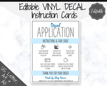 Load image into Gallery viewer, EDITABLE Vinyl Decal Care Card Instructions, Printable Decal Application Order Card, DIY Sticker Seller Packaging Label, Care Cards | Blue