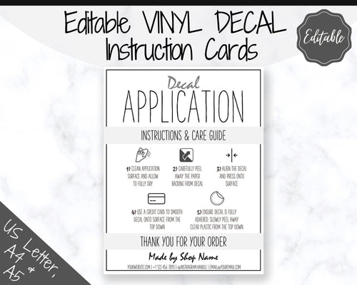 EDITABLE Vinyl Decal Care Card Instructions, Printable Decal Application Order Card, DIY Sticker Seller Packaging Label, Care Cards | Grey