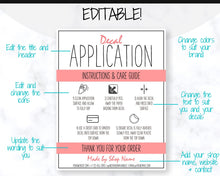 Load image into Gallery viewer, EDITABLE Vinyl Decal Care Card Instructions, Printable Decal Application Order Card, DIY Sticker Seller Packaging Label, Care Cards | Multicolor Bundle