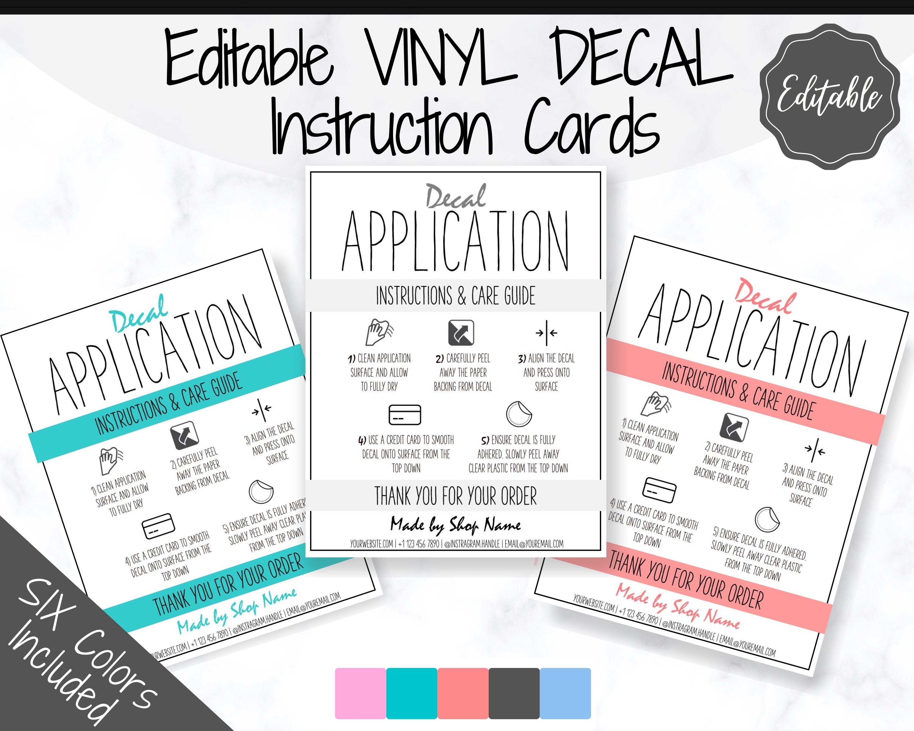 EDITABLE Vinyl Decal Care Card Printable Instructions | Multicolor