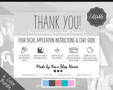 Load image into Gallery viewer, EDITABLE Vinyl Decal Thank You Business Card Instructions, Printable Decal Application Order Cards, DIY Sticker Seller Packaging Label | Grey