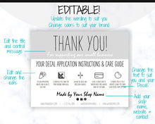 Load image into Gallery viewer, EDITABLE Vinyl Decal Thank You Business Card Instructions, Printable Decal Application Order Cards, DIY Sticker Seller Packaging Label | Grey
