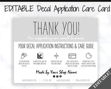 Load image into Gallery viewer, EDITABLE Vinyl Decal Thank You Business Card Instructions, Printable Decal Application Order Cards, DIY Sticker Seller Packaging Label | Grey