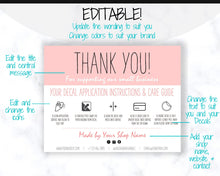 Load image into Gallery viewer, EDITABLE Vinyl Decal Thank You Business Card Instructions, Printable Decal Application Order Cards, DIY Sticker Seller Packaging Label | Pink