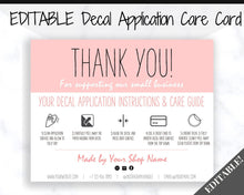 Load image into Gallery viewer, EDITABLE Vinyl Decal Thank You Business Card Instructions, Printable Decal Application Order Cards, DIY Sticker Seller Packaging Label | Pink