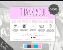 Load image into Gallery viewer, EDITABLE Vinyl Decal Thank You Business Card Instructions, Printable Decal Application Order Cards, DIY Sticker Seller Packaging Label | Purple