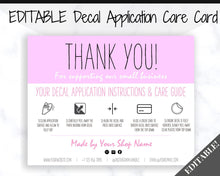 Load image into Gallery viewer, EDITABLE Vinyl Decal Thank You Business Card Instructions, Printable Decal Application Order Cards, DIY Sticker Seller Packaging Label | Purple