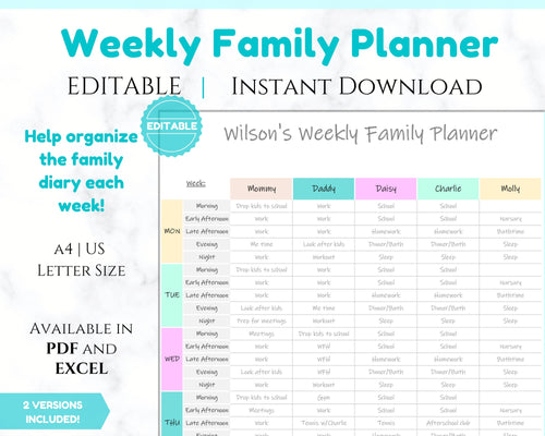 EDITABLE Weekly FAMILY PLANNER Command Center | Family Planner | Printable Family Calendar | Family Household Weekly Schedule | Homeschool - Style 3