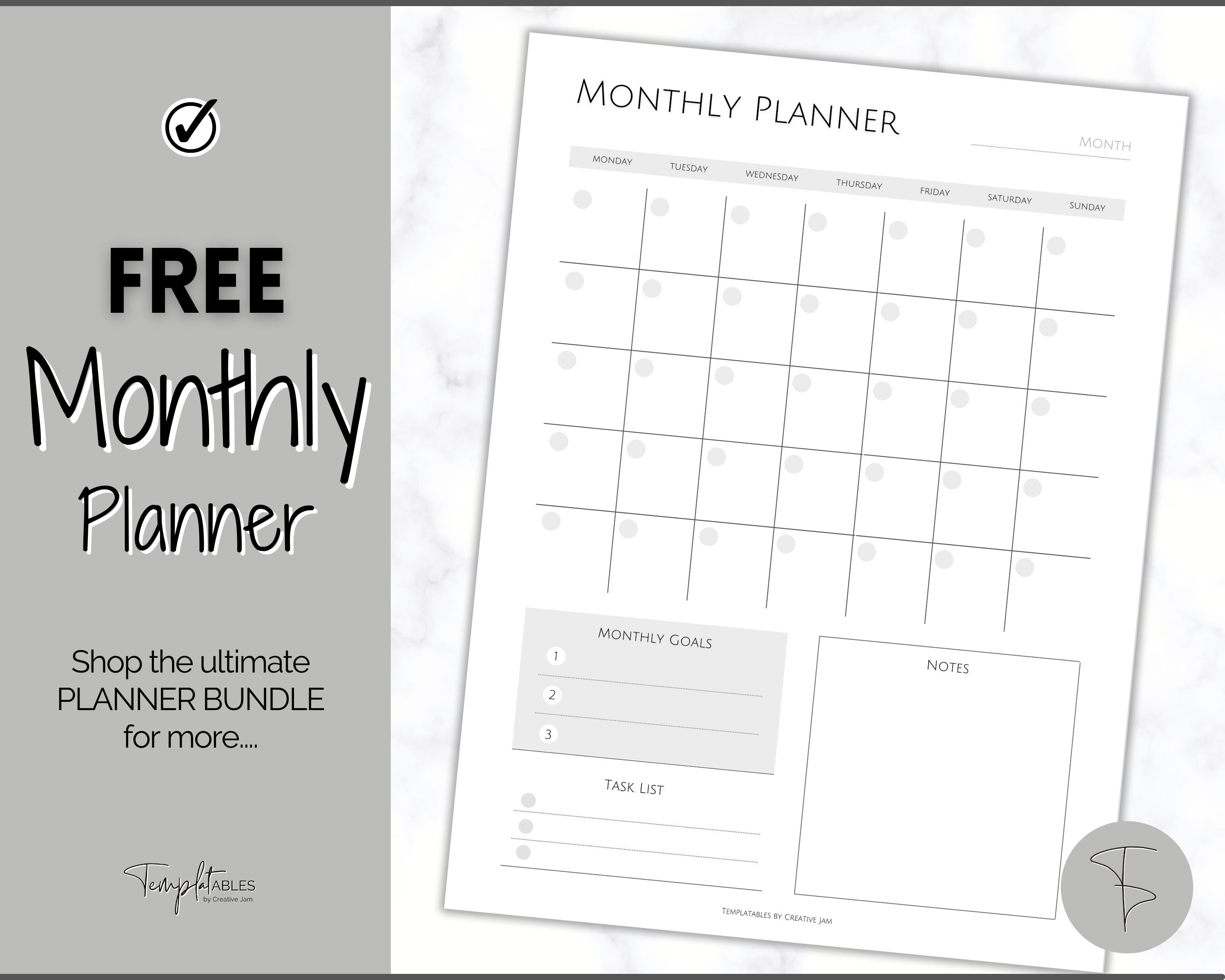 FREE Monthly Planner Printable, To Do List - Mono