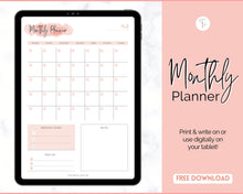 Load image into Gallery viewer, FREE - Monthly Planner Printable, Monthly Calendar, To Do List Printable, Undated Schedule, Productivity Template | Pink Watercolor Scrawl