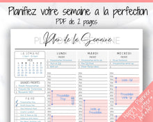 Load image into Gallery viewer, FRENCH Weekly Planner Printable, Français, Hourly Planner, Plan de la Semaine, Week on 2 pages, Weekly Schedule, Undated Planner, To Do List - Style 2