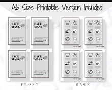 Load image into Gallery viewer, Face Mask LABEL CARE CARD, How to Handle Order Card, Face Mask Printable Instructions, Business Labels, Face Mask Seller, Package Label Tag | Monochrome