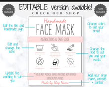 Load image into Gallery viewer, Face Mask LABEL CARE CARD, How to Handle Order Card, Face Mask Printable Instructions, Business Labels, Face Mask Seller, Package Label Tag | Monochrome