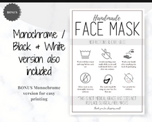 Load image into Gallery viewer, Face Mask LABEL CARE CARD, How to Handle Order Card, Face Mask Printable Instructions, Business Labels, Face Mask Seller, Package Label Tag | Pink & Aqua