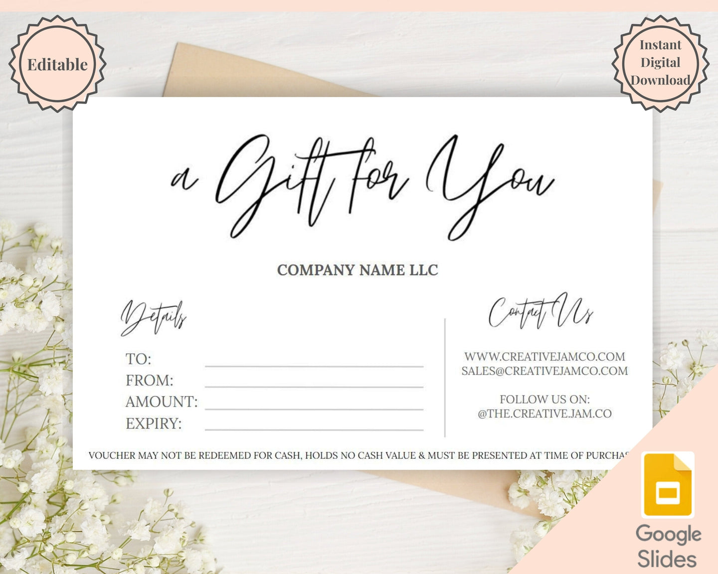 Gift Certificate Template. Editable Gift Voucher, Gift Card template, DIY Shop Voucher Template. DIY Coupons Last minute Gift. Google Slides | Style 19
