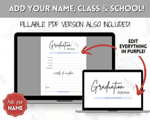 Load image into Gallery viewer, Graduation Party Card, EDITABLE Advice & Wishes, Advice Poster Template, Graduate Words of Wisdom, College, High School Grad, Class of 2022, SHEET