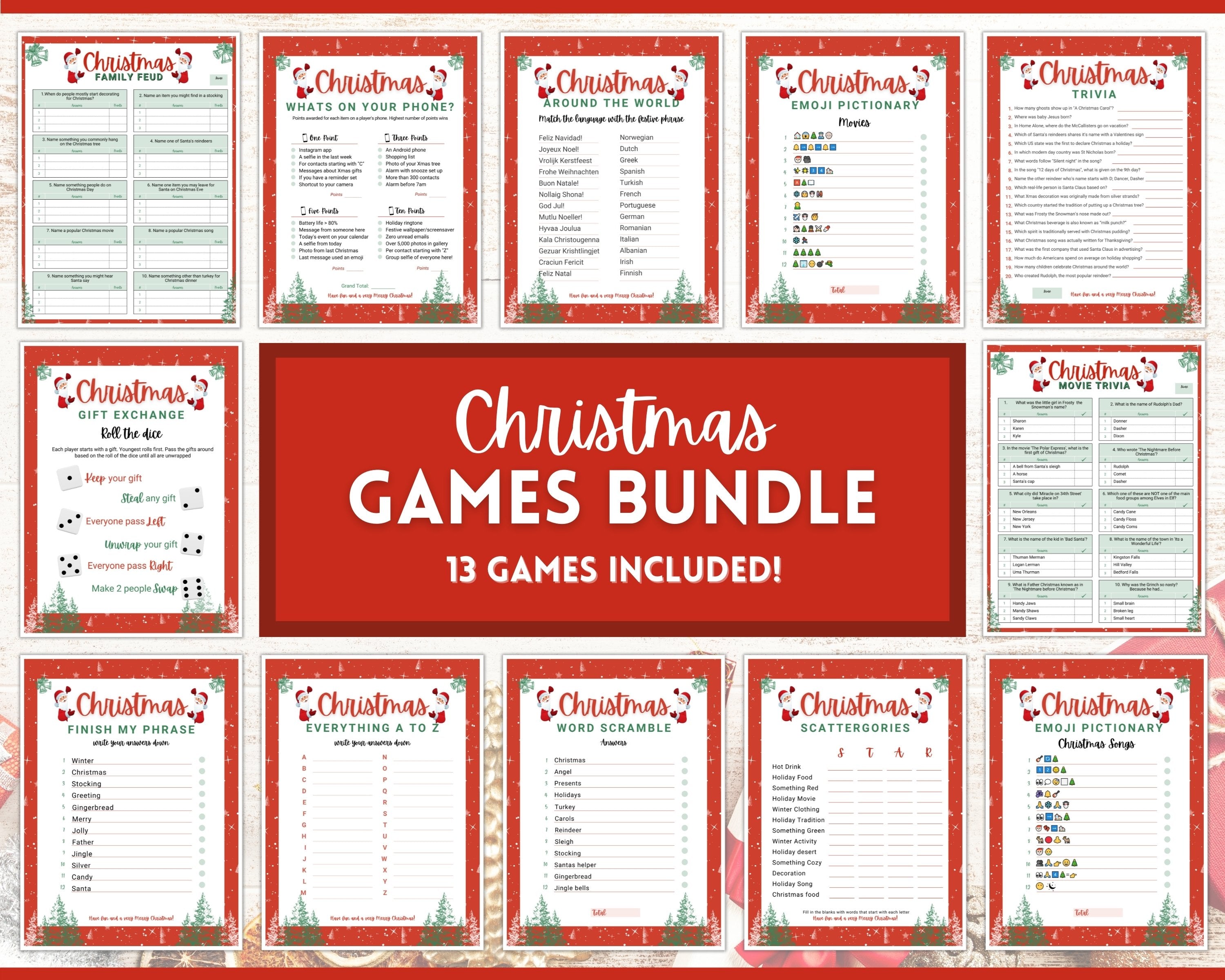 Holiday Party Games BUNDLE 13 Christmas Game Printables Fun Family Activity Set Virtual Xmas Kids Adults Office Trivia Guess Feud holiday party games bundle | 13 christmas game family fun printables