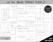 Load image into Gallery viewer, Income and Expenses Tracker BUNDLE with Savings & Bill Tracker, Budget Planner Printable Templates, Bills, Spending, Personal Finance Planner Binder | Mono