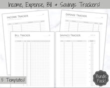 Load image into Gallery viewer, Income and Expenses Tracker BUNDLE with Savings & Bill Tracker, Budget Planner Printable Templates, Bills, Spending, Personal Finance Planner Binder | Mono
