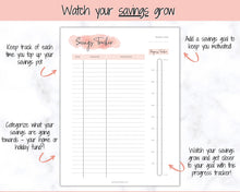 Load image into Gallery viewer, Income and Expenses Tracker BUNDLE with Savings & Bill Tracker, Budget Planner Printable Templates, Bills, Spending, Personal Finance Planner Binder | Pink Watercolor