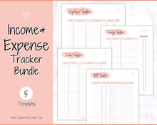 Load image into Gallery viewer, Income and Expenses Tracker BUNDLE with Savings & Bill Tracker, Budget Planner Printable Templates, Bills, Spending, Personal Finance Planner Binder | Pink Watercolor