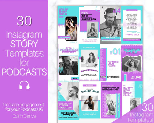 Instagram Story Templates. 30 Podcast Instagram Stories, Canva Template Pack. Podcast Template, Podcasters Podcasting, Social Media Post | Purple
