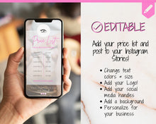 Load image into Gallery viewer, Instagram Template PRICE LIST Instagram Story! Canva Price List Template, Beauty, Lashes, IG Stories, Highlights, Marketing, Social Media | Beauty Lashes