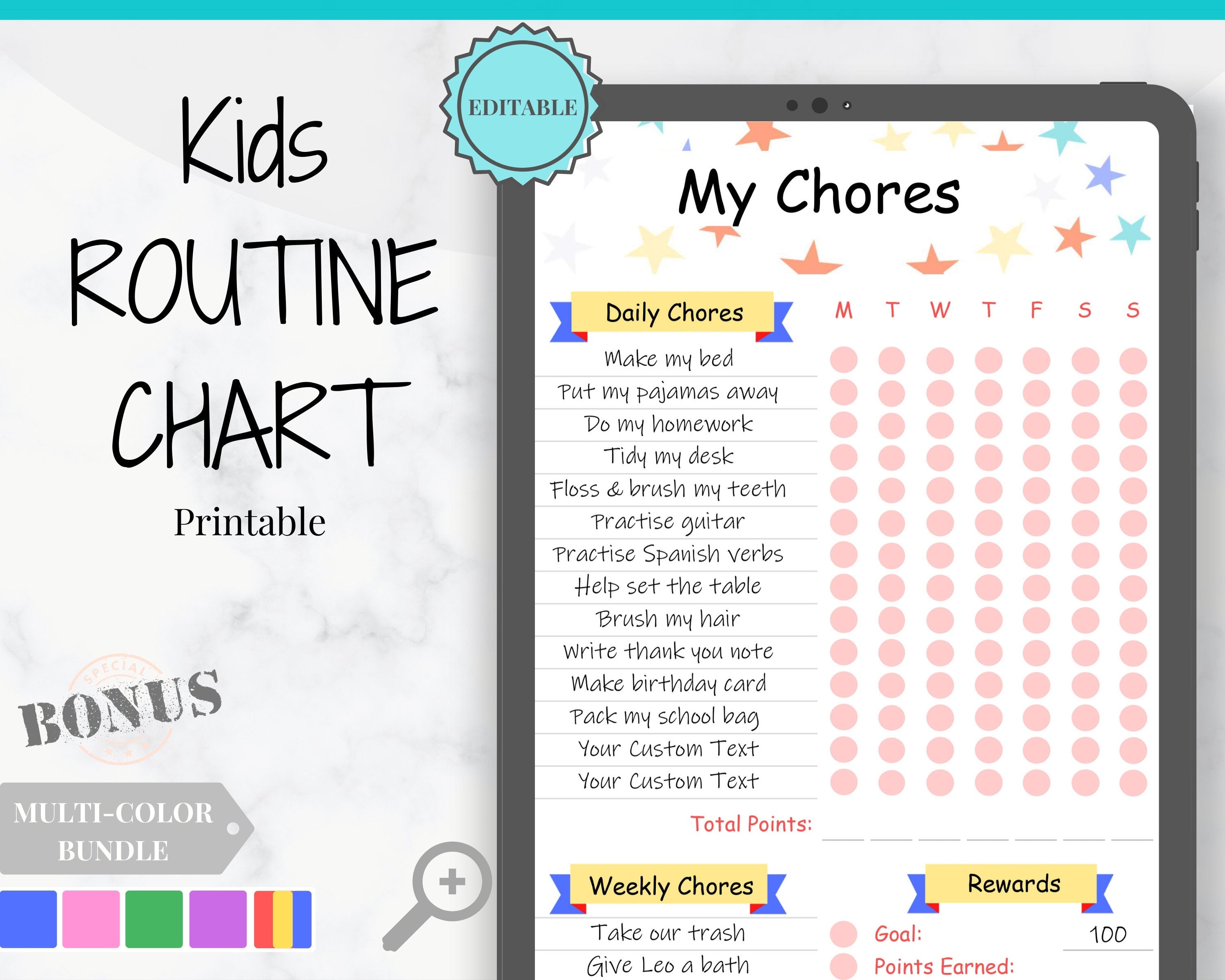 Editable Chore Chart for Kids Printable Kids Daily Weekly Responsibility  Chart Kids Chore List Kids Daily Routine Checklist PDF 