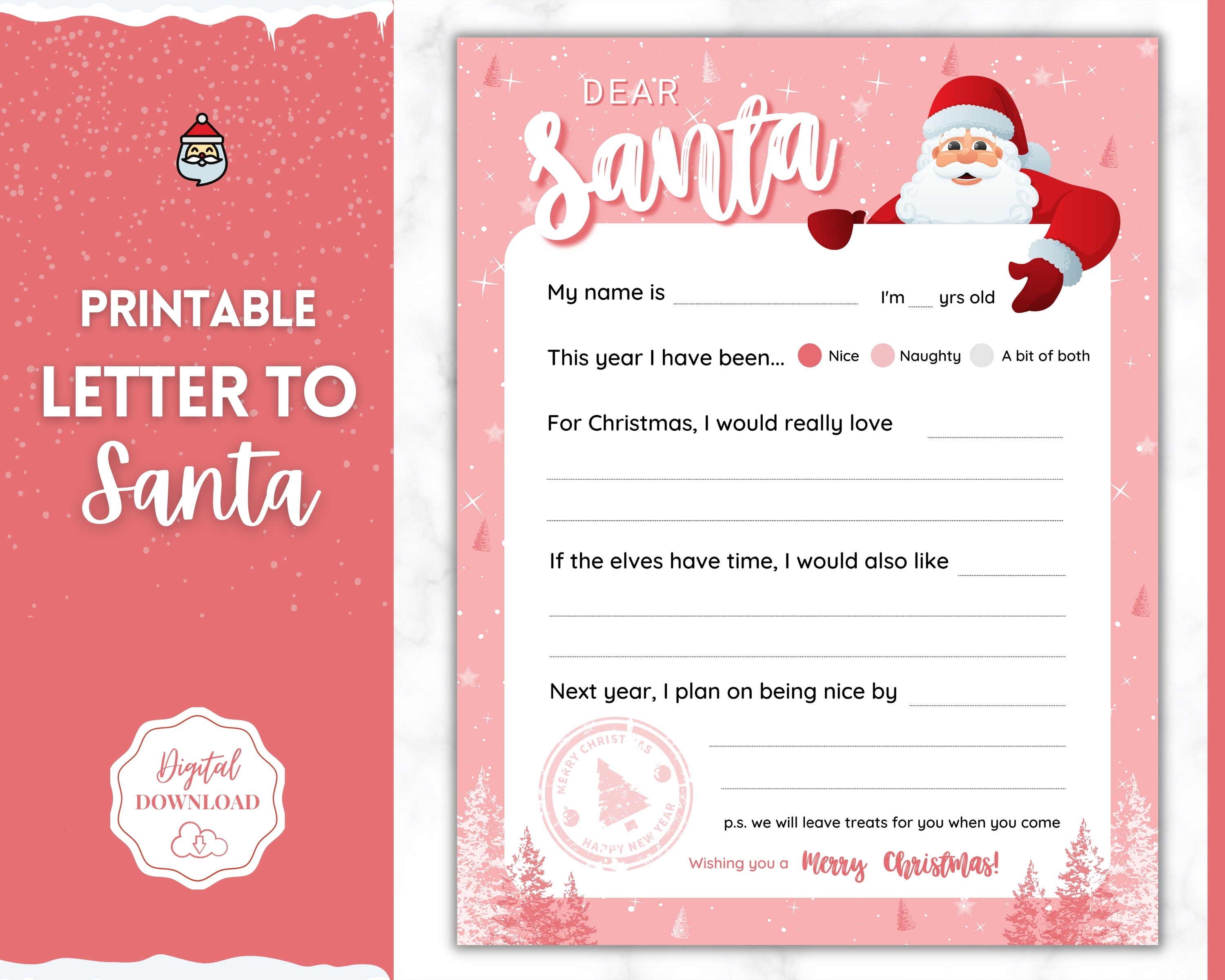 Letter to Santa Claus PINK Kids Christmas Wish List Printable Father Christmas Letter Dear Santa Letter Holidays North Pole Mail Nice List letter to santa claus christmas wish list printable | dear santa lette