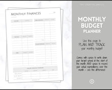 Load image into Gallery viewer, MONTHLY Budget Planner Printable, Financial Tracker Template, Paycheck, Savings Tracker, Binder, Debt, Bill, Spending, Expense Income