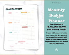 Load image into Gallery viewer, MONTHLY Budget Planner Printable, Financial Tracker Template, Paycheck, Savings Tracker, Binder, Debt, Bill, Spending, Expense Income | RETRO 70's themed