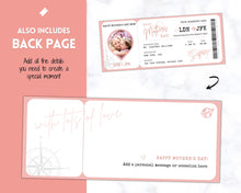 Load image into Gallery viewer, MOTHERS DAY Boarding Pass Template, EDITABLE Boarding Ticket for Mom, Surprise Vacation, Plane Ticket, Airline, Trip, Flight Gift, Holiday Destination, Fake, Last Minute DIY Gift for Mum