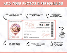 Load image into Gallery viewer, MOTHERS DAY Boarding Pass Template, EDITABLE Boarding Ticket for Mom, Surprise Vacation, Plane Ticket, Airline, Trip, Flight Gift, Holiday Destination, Fake, Last Minute DIY Gift for Mum