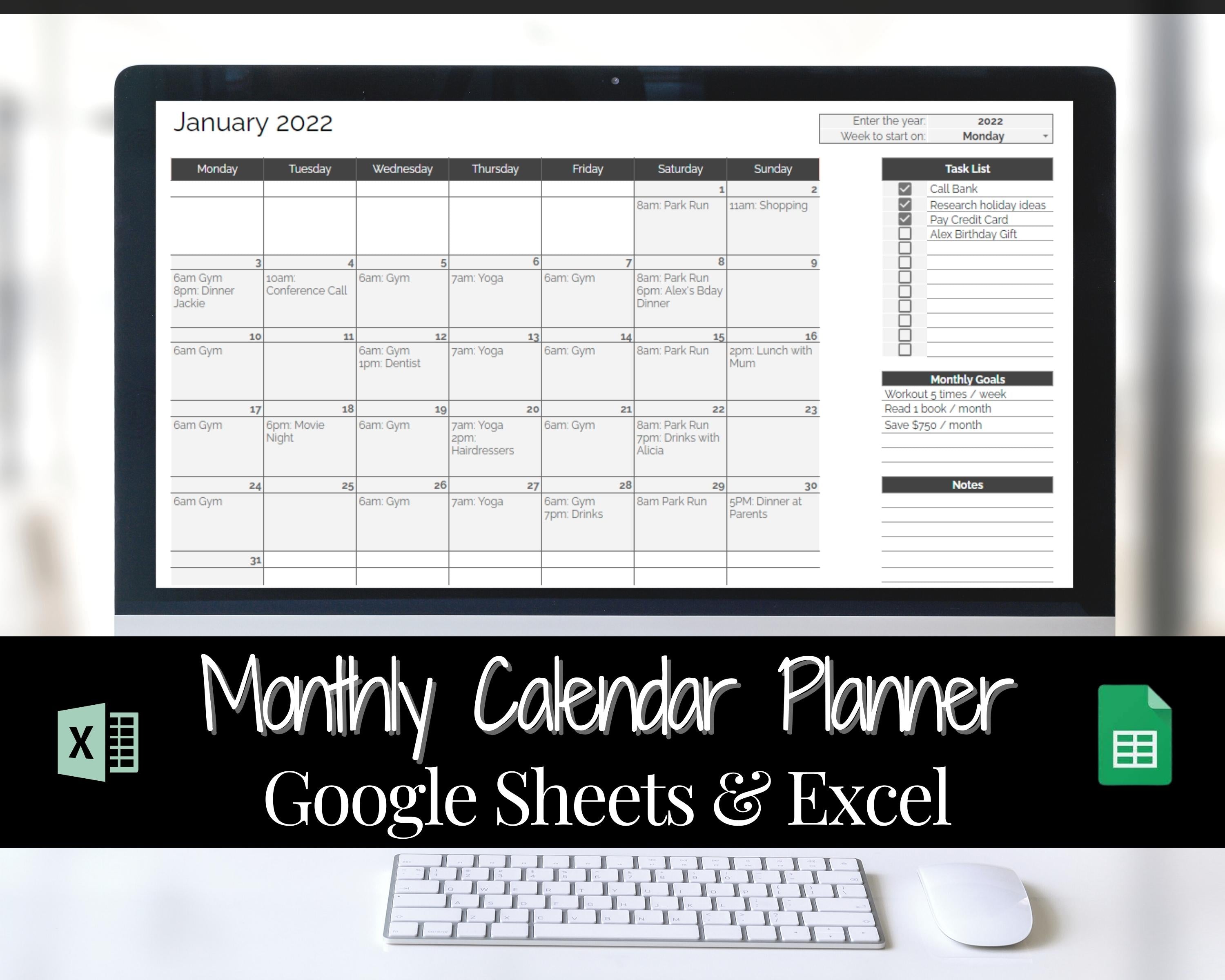 Monthly Overview Planner Spreadsheet | Google Sheets & Excel - Mono