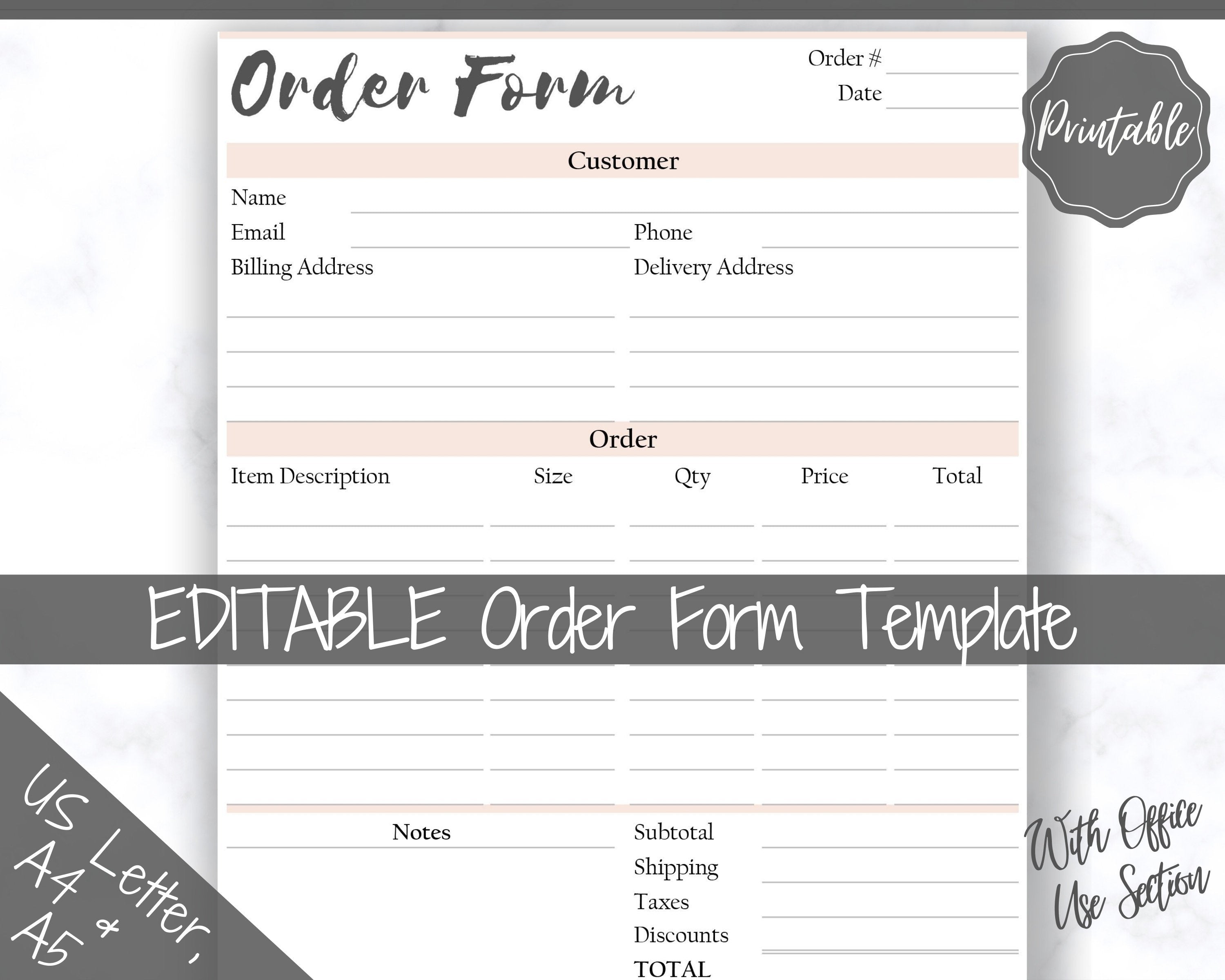 order form template printable | pink customer order sales invoice