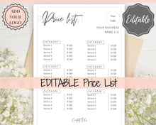 Load image into Gallery viewer, PRICE LIST Template Editable. Printable Price Sheet, Price Guide, Hair Salon, Hairdresser, Beauty, Black Monochrome, Custom Menu, Pricing | Style 9
