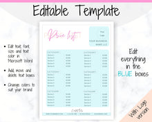 Load image into Gallery viewer, PRICE LIST Template Editable. Printable Price Sheet, Price Guide, Hair Salon, Hairdresser, Beauty, Pink Pricing Design, Custom Menu, Pricing | Style 5