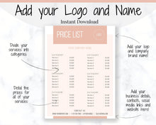 Load image into Gallery viewer, PRICE LIST Template Editable. Printable Price Sheet, Price Guide, Hair Salon, Hairdresser, Beauty, Pink Watercolor, Custom Menu, Pricing | Style 2