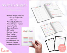 Load image into Gallery viewer, Paycheck Budget Planner Printable, Monthly Financial Tracker Template, Savings Tracker, Binder, Debt, Bill, Spending, Expenses Income Money | Pastel Rainbow