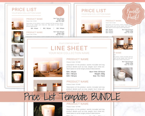 Price List Template. Line Sheet for Wholesale. Editable Candle Template Catalog, Seller shop, Product Sales Sheet, Canva Linesheet Catalogue | Pink Bundle
