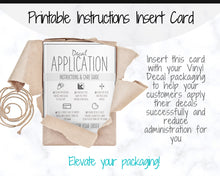 Load image into Gallery viewer, Printable Vinyl Decal Care Card Instructions. Decal Application Order Card, DIY Sticker Seller Packaging Label, Vinyl Decal Care Cards | Grey