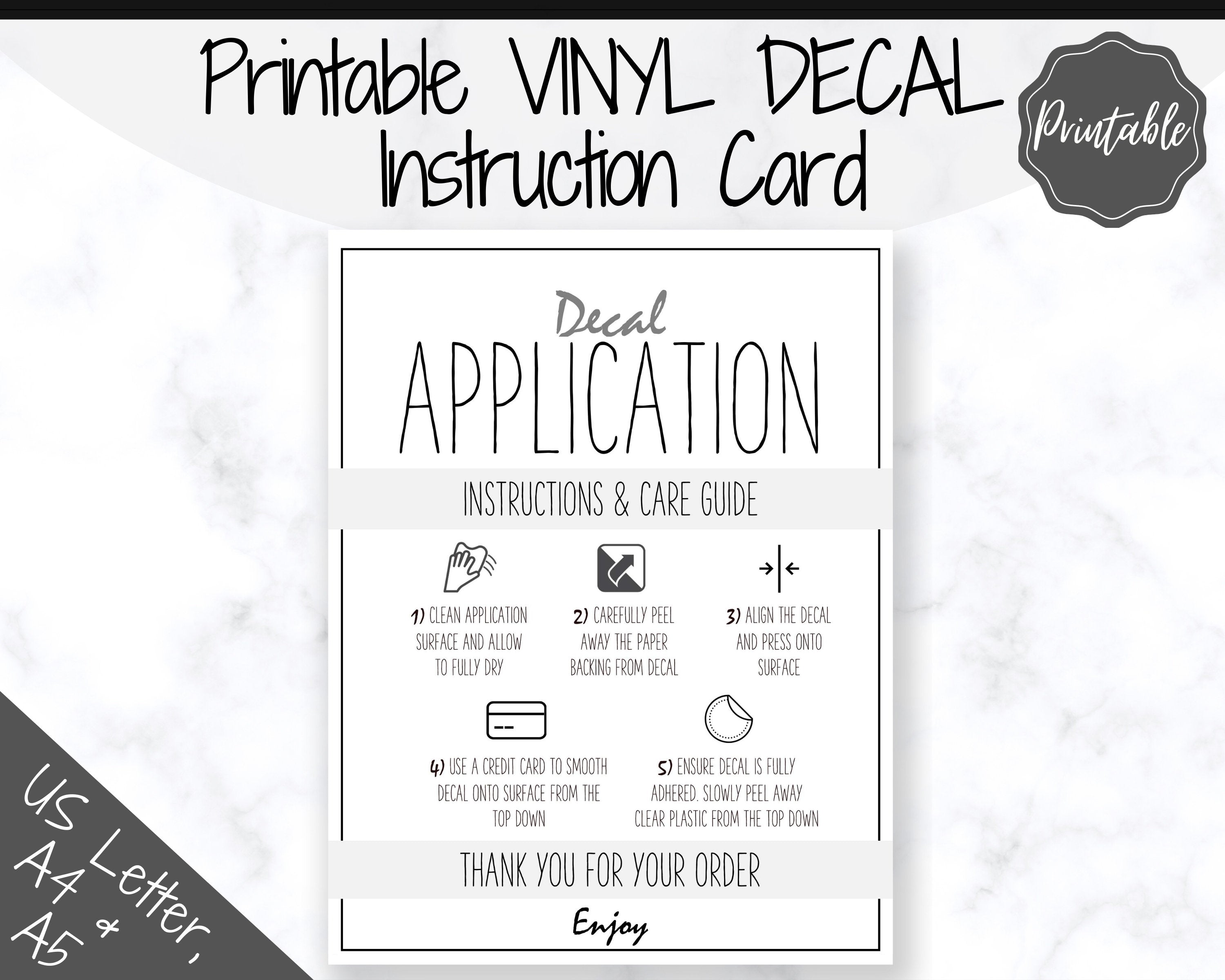 Printable Vinyl Decal Care Card Instructions Decal Application Order Card DIY Sticker Seller Packaging Label Vinyl Decal Care Cards Grey vinyl decal care card printable instructions | grey