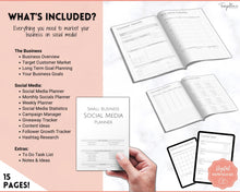 Load image into Gallery viewer, SOCIAL MEDIA Planner for Small Business, Content Planner Printable, Instagram, YouTube, TikTok, Facebook, Side Hustle, Marketing Calendar | Mono