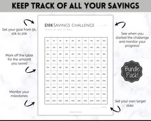 Load image into Gallery viewer, Savings Challenge BUNDLE, 5k, 10k & 20k Saving Tracker Printables, 5000, 10000, 20000, 100 Day, Cash Envelopes, Save Money, Budget, Finance | Monochrome