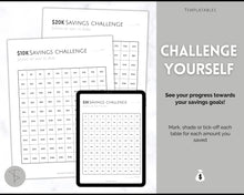 Load image into Gallery viewer, Savings Challenge BUNDLE, 5k, 10k & 20k Saving Tracker Printables, 5000, 10000, 20000, 100 Day, Cash Envelopes, Save Money, Budget, Finance | Monochrome