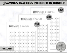 Load image into Gallery viewer, Savings Challenge BUNDLE, 5k, 10k & 20k Saving Tracker Printables, 5000, 10000, 20000, 100 Day, Cash Envelopes, Save Money, Budget, Finance | Monochrome