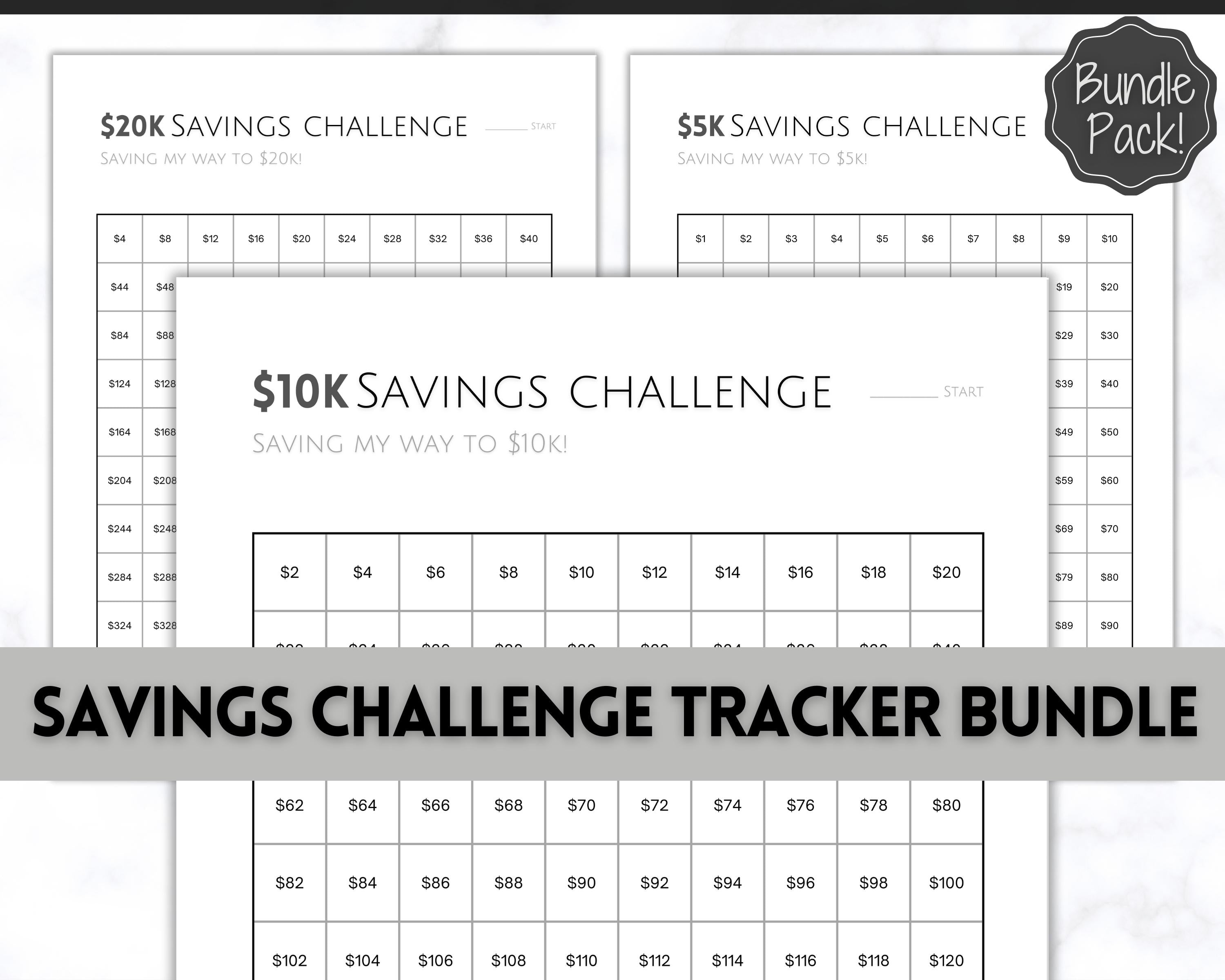 Savings Challenge BUNDLE, 5k, 10k & 20k Tracker Printables