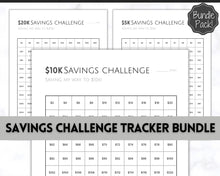 Load image into Gallery viewer, Savings Challenge BUNDLE, 5k, 10k & 20k Saving Tracker Printables, 5000, 10000, 20000, 100 Day, Cash Envelopes, Save Money, Budget, Finance | Monochrome