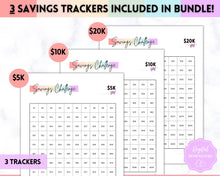 Load image into Gallery viewer, Savings Challenge BUNDLE, 5k, 10k & 20k Saving Tracker Printables, 5000, 10000, 20000, 100 Day, Cash Envelopes, Save Money, Budget, Finance | Pastel Rainbow