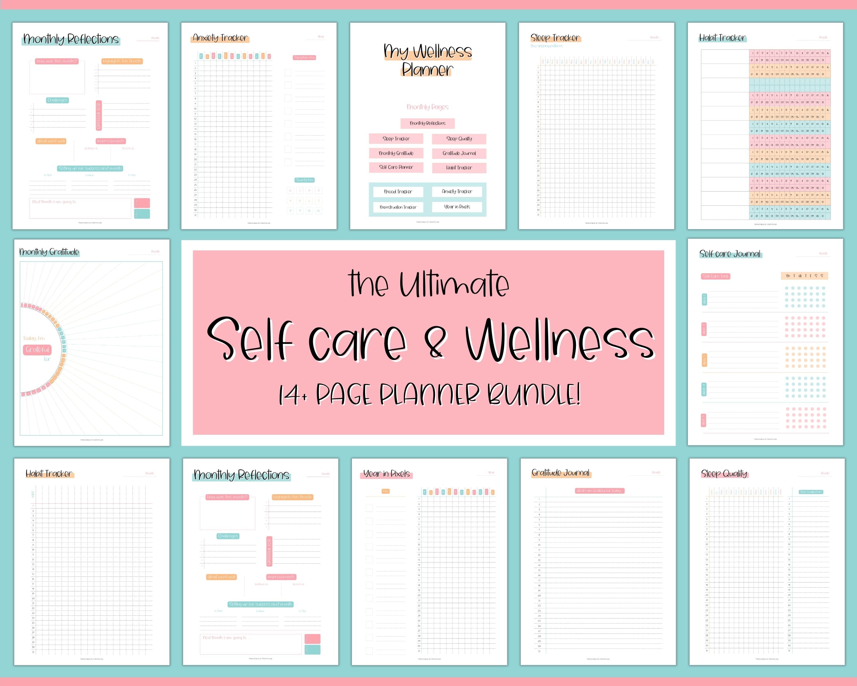 Self Care Planner &amp; Wellness Printable BUNDLE Templates | Sky